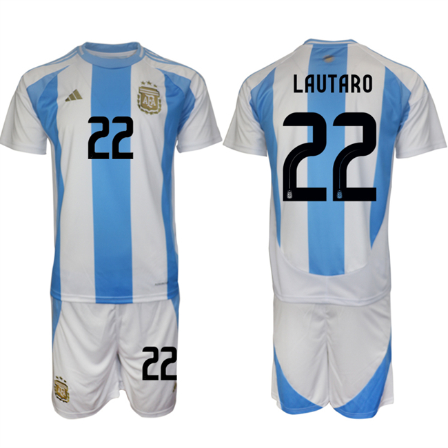 Men's Argentina #22 Lautaro White/Blue 2024-25 Home Soccer Jersey Suit